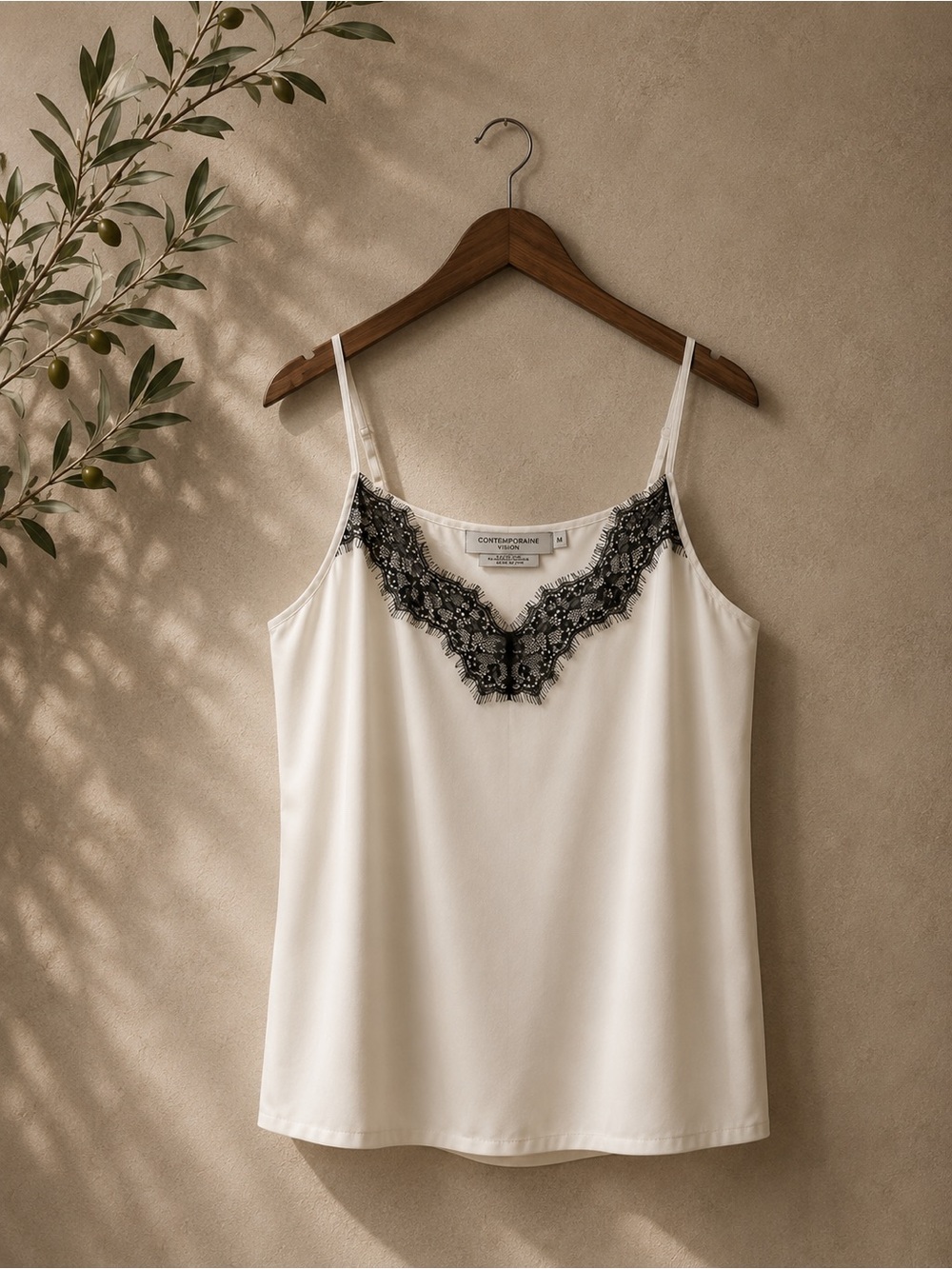 SIMONS | White Camisole with Black Lace Trim | Medium